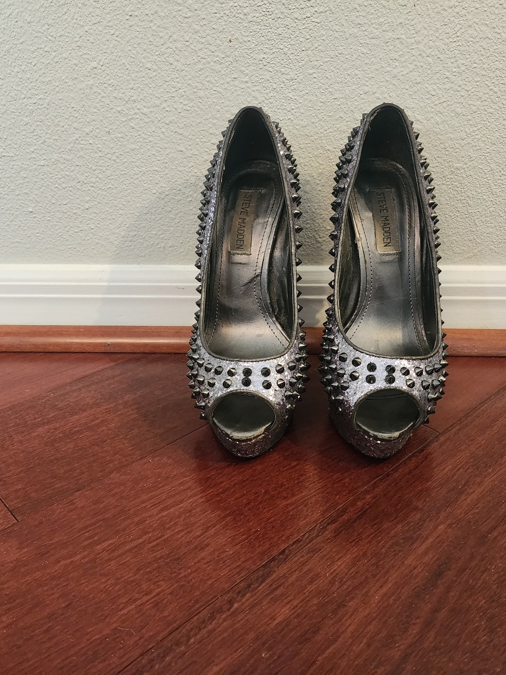 Steve Madden Silver Studded Peep-Toe Pumps